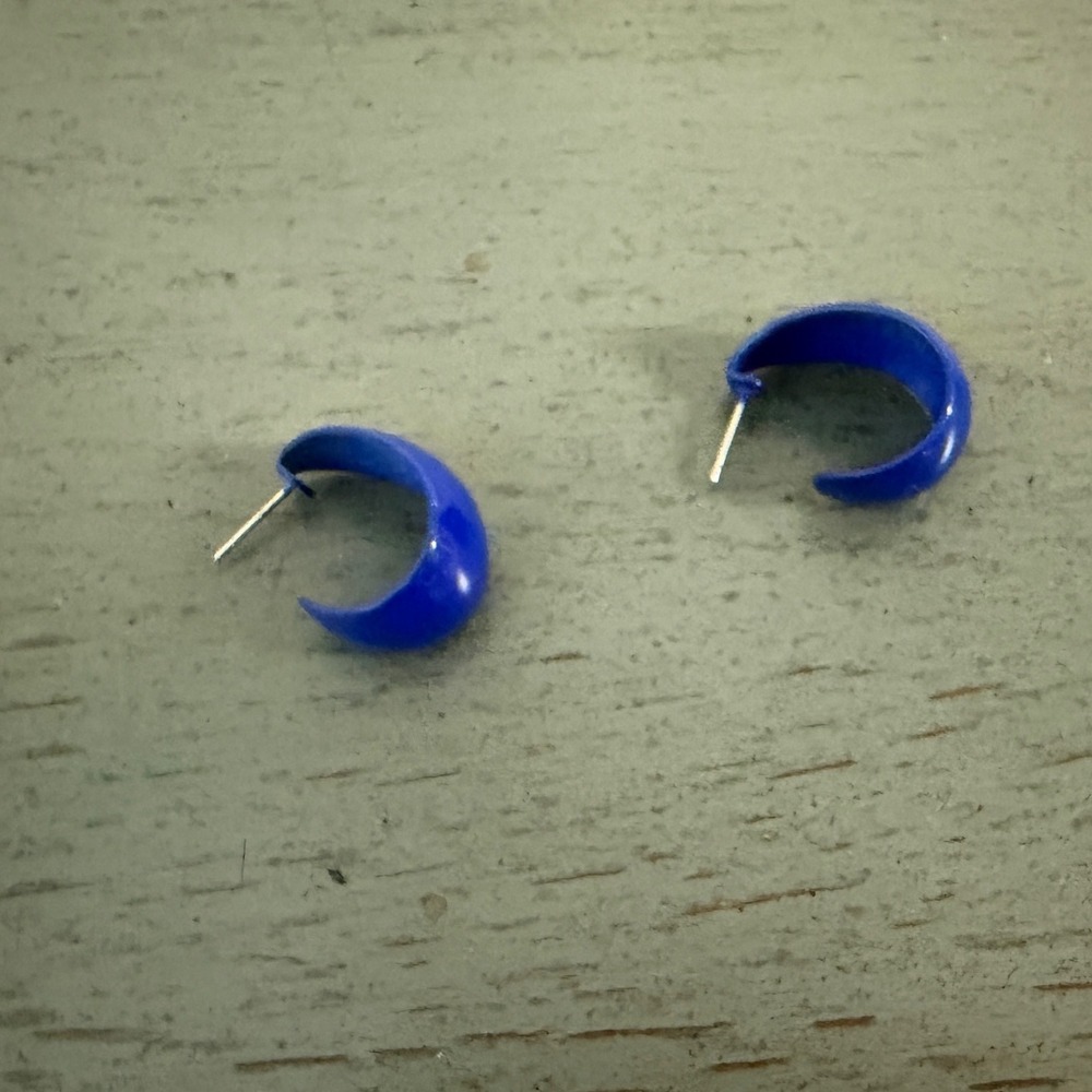 Vintage Cobalt Blue Chunky C Hoop Earrings Glossy Enamel Style Bold Blue Jewelry